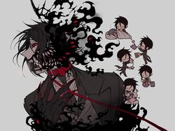  1boy animal_collar butler ciel_phantomhive claws collar colored_sclera demon_boy english_commentary extra_eyes grey_background hand_on_own_chest highres kuroshitsuji leash looking_at_viewer male_focus monster_boy red_eyes red_sclera sebastian_michaelis sharp_teeth simple_background teeth upper_body viiperfish 