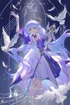  1girl aqua_eyes arm_up asymmetrical_gloves bare_shoulders bird bracelet character_name dated detached_sleeves dress earrings falling_feathers feathers gloves hair_between_eyes halo head_wings highres holding holding_staff honkai:_star_rail honkai_(series) jewelry lin_zhi_mao long_hair looking_at_viewer parted_lips purple_dress robin_(honkai:_star_rail) short_sleeves smile solo staff standing two-tone_dress uneven_gloves white_dress white_gloves white_wings wings 