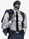  0mxmo 1boy absurdres bandaged_hand bandages beard belt black_hair black_necktie blue_pants carrying_over_shoulder cigar collared_shirt cowboy_shot facial_hair gun hair_between_eyes hand_in_pocket highres long_sleeves male_focus necktie open_mouth original pants shirt short_hair simple_background solo star_pin teeth weapon white_background white_shirt 