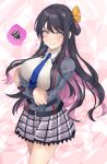  1girl alternate_costume black_hair blazer blue_necktie blush breasts collared_shirt cowboy_shot crossed_arms fang hair_ribbon highres jacket kantai_collection large_breasts long_hair looking_at_viewer multicolored_hair naganami_(kancolle) necktie open_clothes open_jacket pink_background pink_hair plaid plaid_skirt purple_skirt ribbon saiki_yuzuri school_uniform shirt skirt solo two-tone_hair wavy_hair yellow_eyes 