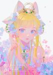  1girl animal_ears artist_name blonde_hair blue_eyes blue_flower blue_nails blunt_bangs cat_ears closed_mouth commission fingernails flower light_blush long_hair looking_at_viewer mian_lang nail_polish original sidelocks simple_background solo upper_body 