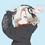  1girl :&gt; akichi_360 alternate_costume arm_behind_head black_flower black_hoodie blue_background blush brown_hair closed_mouth commentary_request enpera flower from_side goodbye_sengen_(vocaloid) hair_flower hair_ornament hair_over_one_eye hands_up highres hood hood_down hoodie isekai_joucho kamitsubaki_studio long_bangs long_hair long_sleeves looking_at_viewer looking_to_the_side multicolored_hair ok_sign parody redhead simple_background solo streaked_hair upper_body v v-shaped_eyebrows virtual_youtuber 