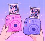  1other camera cherry_blossom_print cherry_blossoms emily_kim floral_print gradient_background grid_background highres holding holding_camera limited_palette original out_of_frame pastel_colors pink_background polaroid polaroid_camera purple_background purple_theme sparkle twitter_username 