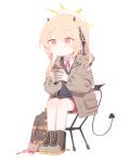  1girl absurdres aimpoleume alternate_costume bag black_footwear black_horns black_tail black_vest black_wings blonde_hair blue_archive boots chair collared_shirt crime_prevention_buzzer demon_horns demon_tail demon_wings eating food grey_jacket halo highres holding holding_food horns ibuki_(blue_archive) jacket long_hair long_sleeves neck_ribbon open_clothes open_jacket red_ribbon red_shorts ribbon shirt shorts side_ponytail simple_background sitting solo sweet_potato tail vest white_background white_shirt wings yellow_eyes yellow_halo 