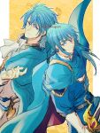  2boys ascot belt blue_cape blue_eyes blue_hair cape closed_mouth commentary_request father_and_son fire_emblem fire_emblem:_genealogy_of_the_holy_war headband highres holding holding_sword holding_weapon male_focus multiple_boys nishimura_(nianiamu) outside_border pillarboxed seliph_(fire_emblem) sigurd_(fire_emblem) smile sword teeth tyrfing_(fire_emblem) weapon white_ascot white_headband yellow_background 
