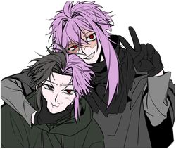  2boys black_capelet black_eyes black_gloves black_hair capelet gloves gomnyong green_jacket grey_shirt grin hair_between_eyes hair_intakes hand_on_another&#039;s_chin heterochromia highres jacket long_sleeves male_focus multicolored_hair multiple_boys mutsushika_misumi nijou_ryuu parted_bangs patchwork_skin pink_hair red_eyes saibou_shinkyoku shirt short_hair short_hair_with_long_locks simple_background smile split-color_hair torn_capelet torn_clothes two-tone_hair v white_background 