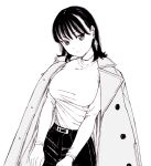  1girl bad_id bad_pixiv_id belt black_hair black_pants breasts closed_mouth coat dende_(dndn222) earrings greyscale hair_behind_ear highres jewelry large_breasts long_sleeves looking_at_viewer medium_hair monochrome original pants scan scan_artifacts shirt solo standing traditional_media winter_clothes winter_coat 