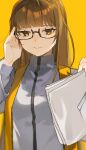  1girl adjusting_eyewear blunt_bangs brown_hair closed_mouth commentary_request glasses hamelon310 highres holding holding_paper jacket limbus_company long_hair long_sleeves paper project_moon simple_background solo upper_body white_jacket yellow_background yellow_eyes 
