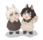  2girls :d black_coat black_footwear blue_eyes blush chibi child coat final_fantasy final_fantasy_xiv gg_dal green_eyes hand_up holding_hands miqo&#039;te multiple_girls pants simple_background smile standing white_background white_hair white_pants 