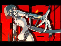  1girl arm_blade ass breasts cyberpunk cyborg highres joints koutetu_yarou letterboxed looking_at_viewer mechanical_spine original red_eyes robot_joints science_fiction short_hair small_breasts solo weapon 