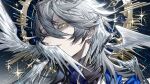  1boy absurdres angel_wings bishounen black_shirt closed_mouth commentary covered_mouth dangle_earrings double-parted_bangs earrings eye_symbol grey_hair hair_between_eyes halo halo_behind_head head_wings highres honkai:_star_rail honkai_(series) jacket jewelry looking_at_viewer male_focus medium_hair mybloodynails one_eye_covered portrait shirt sky smile solo star_(sky) starry_sky sunday_(honkai:_star_rail) turtleneck white_jacket wing_piercing wings yellow_eyes 