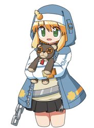  1girl androgyne_symbol black_skirt blonde_hair bridget_(guilty_gear) chain cocia_(kosianko) female_focus green_eyes guilty_gear habit holding holding_stuffed_toy hood hood_up hooded_jacket hoodie jacket long_sleeves open_clothes open_hoodie open_mouth skirt smile stuffed_animal stuffed_toy teddy_bear white_background 