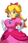  1girl artist_name blonde_hair blue_eyes bow breasts brooch clenched_hands dress earrings elbow_gloves gloves hair_bow high_ponytail highres jewelry long_hair medium_breasts pink_bow pink_dress pink_lips princess_peach princess_peach:_showtime! short_hair simple_background smgold solo sphere_earrings super_mario_bros. white_background white_gloves 