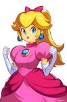 1girl artist_name blonde_hair blue_eyes bow breasts brooch clenched_hands dress earrings elbow_gloves gloves hair_bow high_ponytail highres jewelry long_hair medium_breasts pink_bow pink_dress pink_lips princess_peach princess_peach:_showtime! short_hair simple_background smgold solo sphere_earrings super_mario_bros. white_background white_gloves