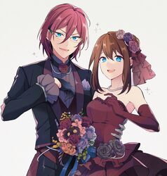  1boy 1girl :d aile_zzz anzu_(ensemble_stars!) bead_necklace beads bishounen black_gloves black_pants black_suit bouquet breast_pocket breasts bride brown_hair couple cowboy_shot dress elbow_sleeve ensemble_stars! flower glasses gloves groom hair_bun hair_flower hair_ornament hair_up hand_on_another&#039;s_hip hand_on_own_chest hand_up hetero highres holding holding_bouquet jewelry medium_breasts napkin neck_flower necklace open_mouth pants pocket red_dress rose saegusa_ibara side-by-side simple_background smile strapless strapless_dress suit veil wedding_dress wedding_suit white_background 