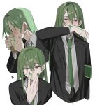  1boy \||/ armband black_jacket black_pants black_suit blood blush brown_eyes collared_shirt commentary_request enkephalin_(project_moon) eyebrow_cut eyes_visible_through_hair green_armband green_hair green_nails green_necktie grey_shirt hair_between_eyes hair_over_one_eye hand_to_own_mouth hand_up hands_up highres jacket lapels lobotomy_corporation long_hair long_hair_between_eyes long_sleeves looking_ahead looking_down male_focus mu46016419 multiple_views necktie netzach_(project_moon) nosebleed notched_lapels pants parted_lips project_moon shirt simple_background solo suit suit_jacket sweatdrop upper_body v_over_mouth white_background wiping_nose 