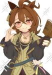 1girl :3 absurdres agnes_tachyon_(sigma_experiment)_(umamusume) agnes_tachyon_(umamusume) ahoge animal_ears black_gloves book brown_eyes brown_hair collarbone commentary_request ear_covers ear_ornament eyes_visible_through_hair gloves grey-framed_eyewear hair_intakes hexagon_print highres holding holding_book horse_ears horse_girl huge_ahoge iko_(saikoro_k0702) looking_at_viewer medium_hair monocle off_shoulder official_alternate_costume partially_fingerless_gloves simple_background single_ear_cover smile solo sparkle umamusume upper_body white_background