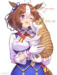  1girl 1other :3 ahoge animal animal_ears blue_dress blush breasts brown_hair cat cat_on_person dress ear_ribbon gloves hair_between_eyes hairband hand_on_another&#039;s_cheek hand_on_another&#039;s_face highres holding holding_animal holding_cat horse_ears horse_girl horseshoe_print large_breasts long_sleeves meisho_doto_(umamusume) meto_(cat) multicolored_hair one_eye_closed open_mouth pink_hairband shirt short_hair suga_masashi tail translation_request two-tone_hair umamusume violet_eyes whiskers white_gloves white_hair 