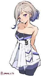  1girl absurdres bare_shoulders black_pantyhose blonde_hair blue_hair cowboy_shot dress gradient_hair highres jean_bart_(kancolle) kantai_collection mole mole_under_eye multicolored_hair off-shoulder_dress off_shoulder one-hour_drawing_challenge pantyhose parted_lips short_hair simple_background solo standing strapless strapless_dress two-tone_dress violet_eyes white_background white_dress yamano_rita 