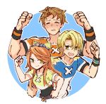  1girl 2boys :d alfred_(fire_emblem) alonemistrist blonde_hair boucheron_(fire_emblem) clenched_hands closed_mouth etie_(fire_emblem) fire_emblem fire_emblem_engage green_eyes long_hair multiple_boys official_alternate_costume open_mouth orange_hair shirt short_hair short_sleeves smile sweat tiara training_outfit_(fire_emblem_engage) upper_body 