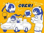  1girl animal astronaut blue_eyes blue_hair bow car cat closed_mouth clothed_animal commentary_request convertible driving gloves hair_bow hair_through_headwear helmet highres holding holding_tablet_pc key keyring limited_palette long_hair looking_at_viewer looking_back motor_vehicle multiple_views open_mouth orange_background over!_(vocaloid) signature simple_background smile song_name space_helmet spacesuit tablet_pc translation_request vocaloid yokan_(yokan_no_irai) 