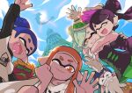  3boys 3girls :d ^_^ arm_up armor bare_shoulders beard black_dress black_hair black_jumpsuit blue_hair blue_hat blue_sky blunt_bangs bow-shaped_hair callie_(splatoon) cap&#039;n_cuttlefish clenched_hand closed_eyes closed_mouth collar colored_sclera crossed_arms detached_collar dj_octavio dress english_commentary facial_hair facing_viewer fangs glint gloves gomipomi green_hair green_pantyhose green_sclera grin hand_on_own_chin hand_up head_rest helmet hug inkling inkling_boy inkling_girl inkling_player_character japanese_armor jumpsuit kabuto_(helmet) layered_clothes long_hair looking_at_viewer marie_(splatoon) medal multicolored_hair multiple_boys multiple_girls octoling old old_man one_eye_closed open_mouth orange_eyes orange_hair orange_pupils pantyhose pink_eyes pink_hair pointy_ears ponytail print_shirt shirt short_eyebrows short_hair sky smile splatoon_(series) splatoon_1 standing star-shaped_pupils star_(symbol) strapless strapless_dress swept_bangs symbol-shaped_pupils tearing_up tears tentacle_hair tower twintails two-tone_hair waving white_collar white_gloves white_shirt yellow_eyes zapfish 