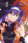  1girl bare_shoulders detached_sleeves fingerless_gloves fire_emblem fire_emblem:_path_of_radiance fire_emblem:_radiant_dawn fire_emblem_heroes gloves green_eyes halloween halloween_costume hat headband highres mia_(fire_emblem) mia_(halloween)_(fire_emblem) mistiousstar purple_hair vgen_commission white_headband witch witch_hat 