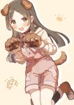  +_+ 1girl :d animal_ears animal_hands animalization blunt_ends bone_print brown_hair cartoon_bone collar commentary_request dog_ears dog_paws dog_tail drop_shadow fur-trimmed_sleeves fur_trim gakuen_idolmaster gloves highres hood hoodie idolmaster knees_out_of_frame knees_together_feet_apart kuramoto_china long_hair looking_at_viewer mmmakaron888 open_mouth overall_shorts overalls parted_bangs paw_gloves paw_print pink_overalls simple_background smile solo tail teeth upper_teeth_only wanwan_wonderful_(idolmaster) yellow_background 
