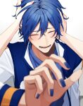  1boy 1other artist_name blue_hair blue_nails blue_shirt blush closed_eyes highres jacket kaito_(vocaloid) long_sleeves lower_teeth_only male_focus nokuhashi open_clothes open_jacket open_mouth ruffling_hair shirt short_hair smile teeth vocaloid white_background 