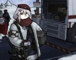  1boy 1girl 9a-91 9a-91_(girls&#039;_frontline) alternate_costume assault_rifle beret blue_eyes box card codename:_bakery_girl english_commentary english_text girls_frontline gnom_na_korable grey_hair griffin_&amp;_kryuger gun gun_sling hair_ornament hat highres holding holding_box holding_card holding_gun holding_weapon id_card jacket motor_vehicle red_scarf reverse_collapse_(series) rifle russian_text scarf scope shorts sign star_(symbol) star_hair_ornament translated truck warning_sign weapon white_jacket white_shorts 