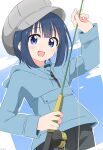  1girl absurdres blue_eyes blue_hair blue_sky cabbie_hat cynical_(llcbluckg_c004) fishing_rod hat highres holding holding_fishing_rod light_blush looking_at_viewer minagi_hiyori open_mouth simple_background sky slow_loop smile solo 