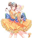  2girls ;d absurdres back_bow blue_bow blue_eyes bow bow-shaped_hair brown_hair chestnut_mouth feet_out_of_frame foot_out_of_frame frilled_skirt frills fujishima_megumi hair_bow hair_ornament hairclip half_up_braid highres holding holding_microphone identity_(love_live!) japanese_clothes kimono koiori leg_up link!_like!_love_live! long_sleeves love_live! microphone mira-cra_park! multiple_girls one_eye_closed open_mouth orange_footwear orange_kimono orange_skirt osawa_rurino shoes short_hair_with_long_locks sidelocks simple_background skirt smile teeth upper_teeth_only violet_eyes virtual_youtuber white_background 