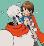 1boy 1other androgynous aqua_background blue_shorts blue_sweater blush_stickers brown_hair carrying carrying_person child closed_eyes flower frisk_(undertale) gloves highres ippaiotabe_mkw laughing orange_scarf papyrus_(undertale) person_on_shoulder red_gloves red_scarf scarf short_hair shorts size_difference skeleton smile socks striped_clothes striped_sweater sweater teeth undertale white_flower white_footwear white_socks 