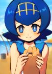  1boy 1girl akane_kazami beach blue_eyes blue_hair closed_mouth commission day fishing_rod gold_hairband hairband highres jewelry lana_(pokemon) looking_at_viewer no_sclera outdoors pokemon pokemon_sm pov ring sand short_hair skeb_commission smile 