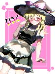  1girl absurdres apron black_hat black_skirt black_vest blonde_hair blush bow braid breasts buttons character_name closed_mouth commentary_request cookie_(touhou) cowboy_shot dutch_angle frilled_apron frilled_skirt frills glasses hair_between_eyes hair_bow hand_up hat hat_bow heart highres kirisame_marisa long_hair looking_at_viewer pink_background pink_bow puffy_short_sleeves puffy_sleeves rectangular_eyewear red-framed_eyewear shirt short_sleeves single_braid skirt skirt_set small_breasts solo tirano_tenchou touhou turtleneck uzuki_(cookie) vest waist_apron white_apron white_background white_shirt witch_hat yellow_eyes 
