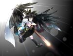  1girl arm_cannon bird_wings black_hair black_wings bow cape closed_mouth commentary_request control_rod gorilla_(bun0615) green_bow green_skirt hair_bow highres long_hair red_eyes reiuji_utsuho shirt short_sleeves skirt smile solo third_eye touhou weapon white_shirt wings 