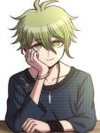  1boy amami_rantaro antenna_hair bracelet closed_mouth collarbone danganronpa_(series) danganronpa_v3:_killing_harmony ear_piercing green_eyes green_hair hand_up jewelry necklace piercing ring shirt short_hair simple_background sitting smile solo striped_clothes striped_shirt suiren_yurei upper_body white_background 