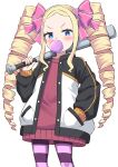  1girl alternate_costume baseball_bat beatrice_(re:zero) blonde_hair blowing_bubbles blue_eyes blush chewing_gum commentary_request cowboy_shot drill_hair hand_in_pocket holding holding_baseball_bat jacket long_sleeves looking_at_viewer metal_baseball_bat open_clothes open_jacket pink_pupils pink_thighhighs pocket purple_thighhighs re:zero_kara_hajimeru_isekai_seikatsu red_sweater s_(hdru2332) simple_background solo standing striped_clothes striped_thighhighs sweater symbol-shaped_pupils thigh-highs twin_drills white_background 
