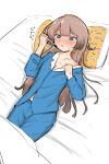  1girl absurdres alternate_costume blue_eyes blue_pajamas brown_eyes cowboy_shot digital_thermometer gradient_hair hair_down highres kantai_collection kazagumo_(kancolle) long_hair lying multicolored_hair pajamas pillow sick solo thermometer tsuru_(thunder_tsuru) 