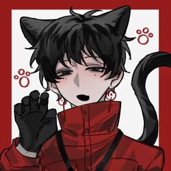  1boy animal_ears black_eyes black_gloves black_hair border cat_boy cat_ears cat_tail chinese_commentary claw_pose commentary_request earrings fang gloves hand_up high_collar jacket jewelry kemonomimi_mode li_yuting_(male) long_sleeves male_focus mole mole_under_each_eye mole_under_eye multiple_moles open_mouth outside_border paw_print portrait qijilan red_border red_jacket short_hair skin_fang solo tail touqi_guaitan white_background 