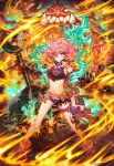 1girl age_of_ishtaria bare_shoulders blush burning closed_mouth club_(weapon) copyright_notice earrings fang fire full_body highres holding holding_club holding_weapon horns jewelry leg_tattoo looking_at_viewer munlu_(wolupus) navel official_art oni panties red_eyes redhead shuten_(age_of_ishtaria) single_horn skull_earrings solo standing tattoo thigh_strap underwear weapon 