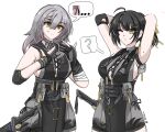  2girls alternate_costume arm_up bandaged_arm bandages bare_shoulders black_bow black_dress black_gloves black_hair black_shorts boots bow breasts closed_mouth clothing_cutout covered_mouth dress earrings elbow_pads falihfadh75 female_rover_(wuthering_waves) gloves grey_hair hair_bow hair_intakes hair_ornament hair_ribbon hairclip halterneck honkai:_star_rail honkai_(series) jewelry large_breasts micro_shorts multicolored_hair multiple_girls partially_fingerless_gloves pelvic_curtain pouch ribbon rover_(wuthering_waves) shorts side_cutout stelle_(honkai:_star_rail) thigh_boots thigh_pouch thigh_strap thighs trailblazer_(honkai:_star_rail) white_background white_hair wuthering_waves yellow_eyes yellow_ribbon 