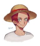  1boy aged_down brown_eyes hat hat_ribbon highres light_smile looking_at_viewer male_focus momoh_jiyucho one_piece portrait red_ribbon redhead ribbon shanks_(one_piece) shirt short_hair simple_background solo straw_hat translation_request white_background white_shirt 