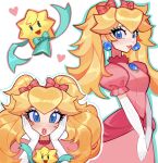  1girl blue_eyes bow breasts dress earrings elbow_gloves fizzeru gloves hair_bow hands_on_own_cheeks hands_on_own_face highres jewelry light_blush long_dress long_hair looking_at_viewer medium_breasts multiple_views parted_lips pink_bow pink_dress princess_peach princess_peach:_showtime! puffy_short_sleeves puffy_sleeves short_sleeves sidelocks stella_(peach) super_mario_bros. twintails upper_body v_arms white_background white_gloves 