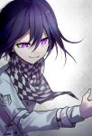  1boy absurdres belt black_scarf buttons checkered_clothes checkered_scarf colored_tips commentary_request crazy_eyes crest danganronpa_(series) danganronpa_v3:_killing_harmony highres huyuharu0214 jacket layered_sleeves long_sleeves male_focus multicolored_buttons multicolored_hair multiple_belts oma_kokichi outstretched_arm parted_lips purple_hair scarf signature simple_background smirk solo teeth two-tone_scarf upper_body violet_eyes white_background white_belt white_jacket white_scarf 