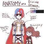  1boy 1girl :3 absurdres alear_(fire_emblem) alear_(male)_(fire_emblem) anatomy_of_a_gamer_(meme) anna_(fire_emblem) arms_behind_back blue_hair cape closed_mouth crossed_bangs dress english_commentary english_text enigmaticexalt fire_emblem fire_emblem_engage highres long_hair looking_at_viewer meme multicolored_hair ponytail red_cape redhead short_hair smile sunglasses two-tone_hair white_background 