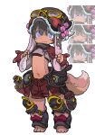  1boy absurdres armor barefoot black_collar black_hat blue_eyes bright_pupils claws closed_eyes collar dark_skin dot_nose double-parted_bangs expressions flower fur_trim furry goggles grey_eyebrows grey_hair hair_between_eyes hat helmet highres hip_flask long_sleeves looking_at_viewer namagawa_(tsukushi_akihito) original outie_navel pink_fur pink_sleeves red_shorts short_eyebrows shorts sleeves_with_ears smile solo standing stitches toes tsukushi_akihito two-tone_eyebrows two-tone_eyes two-tone_whiskers whiskers white_background white_flower 