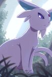  bright_pupils colored_sclera espeon forehead_jewel forked_tail grass highres multiple_tails no_humans outdoors pokemon pokemon_(creature) purple_fur purple_sclera rumine_(yoshi1234567) solo tail two_tails violet_eyes white_pupils 