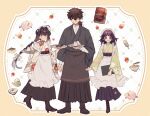  1boy 1girl 1other :q ahoge alternate_costume apron black_footwear black_hair black_hakama black_skirt book boots bowl braid braided_hair_rings cake castella_(food) choker chopsticks crimson_codex_(fate) dango fate/samurai_remnant fate_(series) food frilled_apron frills fruit green_kimono grey_kimono hair_over_eyes hakama hakama_skirt highres holding holding_menu holding_tray japanese_clothes kimono long_hair low_ponytail maid maid_apron maid_headdress menu miyamoto_iori_(fate) ogasawara_kaya onigiri pig popsicle printemps shirt sidelocks single_braid skirt smile strawberry teapot tongue tongue_out tray violet_eyes wa_maid wagashi white_apron white_kimono white_shirt wide_sleeves yamato_takeru_(fate) 