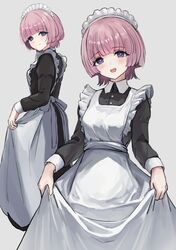  1girl alternate_costume apron arimura_mao black_dress blunt_bangs blush commentary dress enmaided gakuen_idolmaster idolmaster long_sleeves looking_at_viewer maid maid_apron maid_headdress multiple_views pink_hair shikihitoshiki short_hair simple_background skirt_hold smile violet_eyes white_apron 